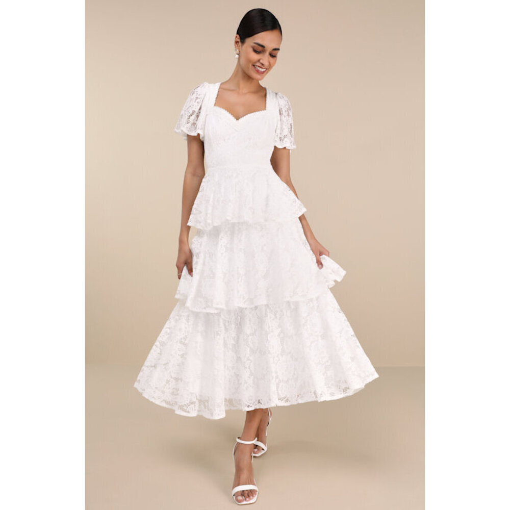 Lulus Delana White Crochet Lace Tiered Midi Dress - Size XL